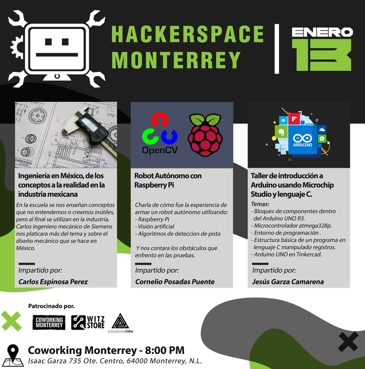 HackerspaceMonterrey (@hackersmty) on Twitter photo Regresan los eventos presenciales, en esta primera edición tenemos preparadas dos charlas y un taller.
Nos vemos el próximo Jueves 13 de Enero en <a href="/coworkingMty/">Coworking Monterrey</a>
El evento no tiene ningún costo, solo no olviden su cubrebocas.
Habra pizza y cervezas. Regresan los eventos presenciales, en esta primera edición tenemos preparadas dos charlas y un taller.
Nos vemos el próximo Jueves 13 de Enero en <a href="/coworkingMty/">Coworking Monterrey</a>
El evento no tiene ningún costo, solo no olviden su cubrebocas.
Habra pizza y cervezas.