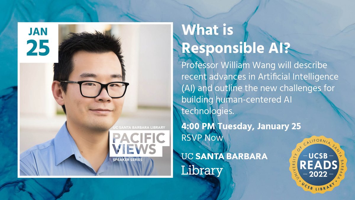 Join us virtually in two weeks to hear Prof. William Wang <a href="/ucsbcrml/">UCSB Center for Responsible Machine Learning</a> <a href="/ucsbcs/">UCSB Computer Science Department</a> discuss recent advances in AI and outline the new challenges for building human-centered AI technologies.
Register now ➡️library.ucsb.edu/events-exhibit…