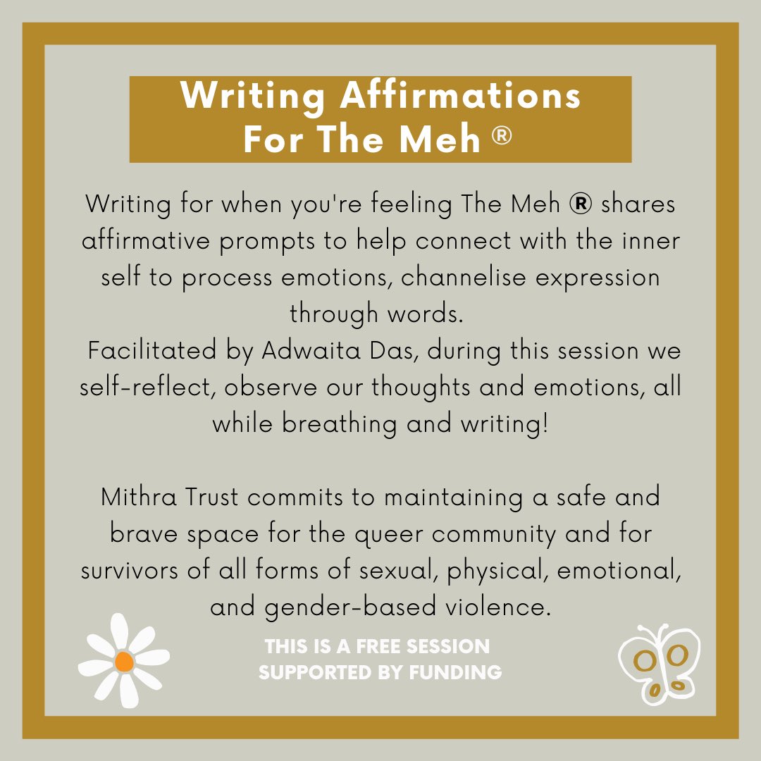 Writing Affirmations for The Meh! 14th January Friday 6pm-7.15pm IST!
Come breathe, let your feelings be. This is not a writing class; it is for catharsis.
Link to sign up: <a href="/MithraTrust/">Mithra Trust</a> &amp; here!👇🏽
.
docs.google.com/forms/d/e/1FAI…
.
#mentalhealth #writing #writingcommunity #affirmations