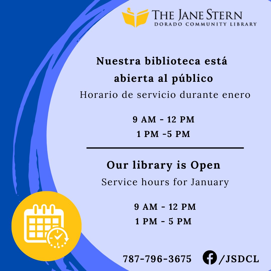 JSDCL's tweet photo. Conoce los cambios en nuestro horario de servicios durante el mes de enero.

Contamos con un estricto protocolo de prevención de COVID.

#biblioteca  #JSDCL  #nonprofit  #janesternlibrary  #dorado https://t.co/Y9wM96dzzy