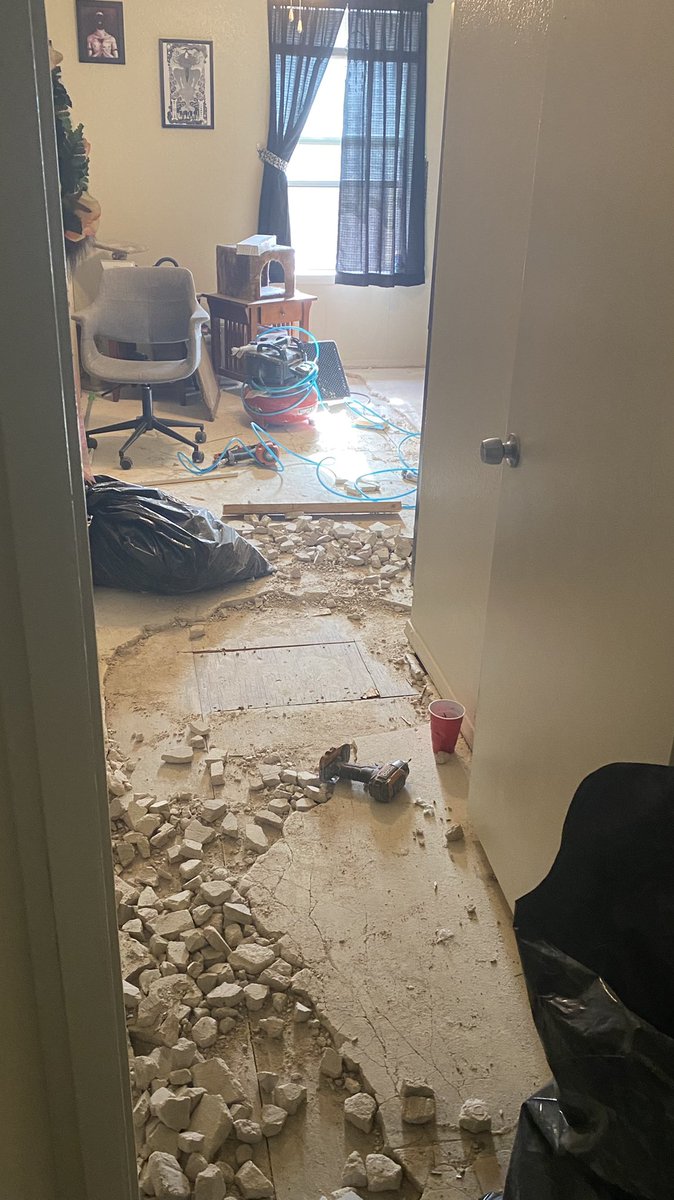 IncorrectLabel's tweet image. so turns out the concrete of our apartment was super fucked up and the previous floors were installed incorrectly. Can’t even sleep at the house tonight lmao. Can’t wait to yell at my landlord bout this.
