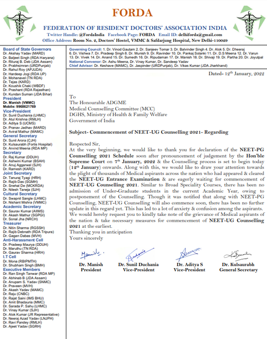 tv9gujarati's tweet photo. Federation of Resident Doctors' Association (FORDA) writes to Medical Counselling Committee &amp; "request to take necessary measures for commencement of #NEET-UG Counselling 2021 at the earliest"

#NEETUG2021COUNSELLING #TV9News https://t.co/6ZnUI8gn9k