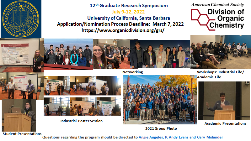 Attention 4th year chemistry graduate students: Apply now for the 2022 <a href="/ACSOrganic/">ACS Organic Division</a> Graduate Research Symposium (GRS). The deadline is March 7, 2022!
organicdivision.org/grs/  #ACSGRS2022
<a href="/pandrewevans/">P. Andy Evans</a> <a href="/molandergroup/">Molander Group</a> <a href="/NOBCChE/">NOBCChE Official</a>   #blackinchem #LatinXinchem <a href="/sacnas/">SACNAS</a> #chemtwitter