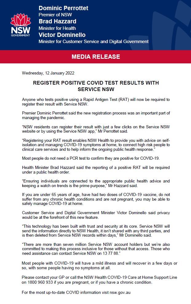We're asking anyone who tests positive using a Rapid Antigen Test to register their result with <a href="/ServiceNSW/">Service NSW</a>. Today we've launched a feature on the Service NSW app to make this as simple as possible.