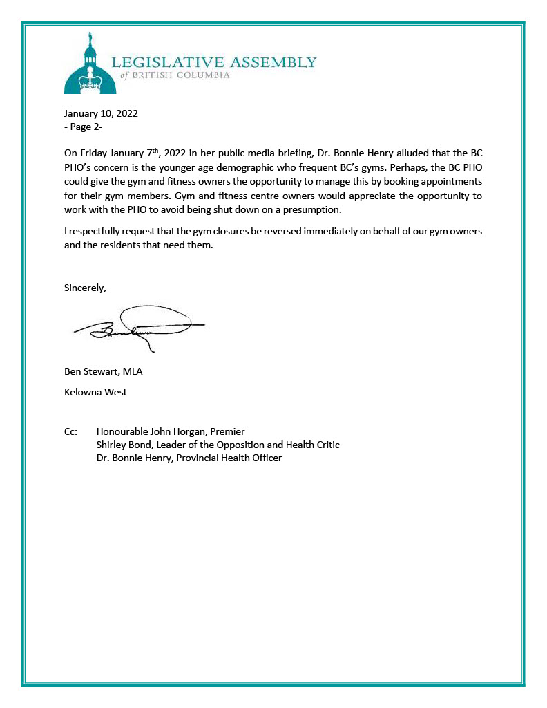 Further to my colleague <a href="/Daniel_Davies/">Dan Davies</a> regarding gym &amp; fitness facility closures, I support further dialogue between small business owners and the Provincial Health Officer to find a workable solution. #smallbusinessbc #bcpoli