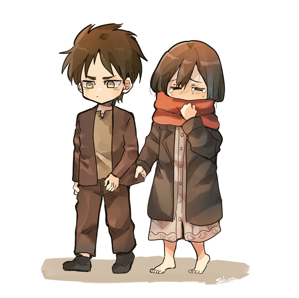 eren yeager ,mikasa ackerman 1girl 1boy red scarf scarf aged down brown hair barefoot  illustration images