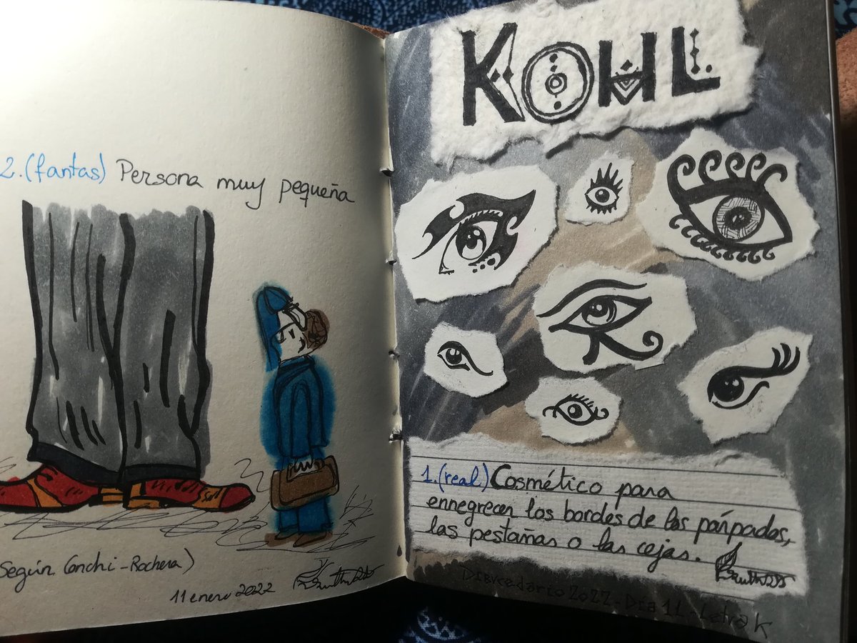 Rmtchico's tweet photo. Día 11, con la K, #Kohl
(1 acepción, real) Cosmético para ennegrecer los bordes de los párpados, las pestañas o las cejas.
(2 acepc.,fantástica y sugerida por Conchi, rochera) Persona muy pequeña🤭
#dibucedario2022
#11Enero2022
#letraK https://t.co/DgcpQ7qfh6