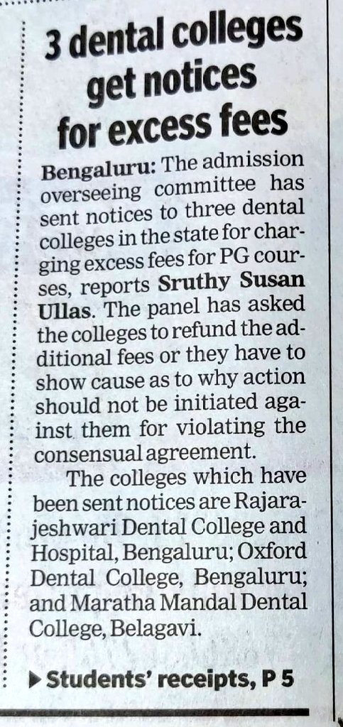 dentodontics's tweet photo. Three Dental Colleges of Karnataka 
1.Rajarajeshwari College
2.Oxford College
3.Maratha Mandal College 
Have been accused of charging excess fees of 1.2 lacs from MDS Student notice sent to these colleges by committee governed by Justice B Manohar
@CMofKarnataka
@VCRguhs @DHFWKA https://t.co/ivSavAdCGp