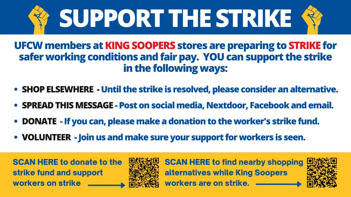 UFCW_7's tweet photo. Essential workers across Colorado are preparing to strike--Are you ready to help out?
 
Volunteer on a picket line, donate supplies (water, hand warmers, dry snacks), or donate to the strike fund today!
 
https://t.co/HOFPezBQ3X https://t.co/tEW2RJcyVv