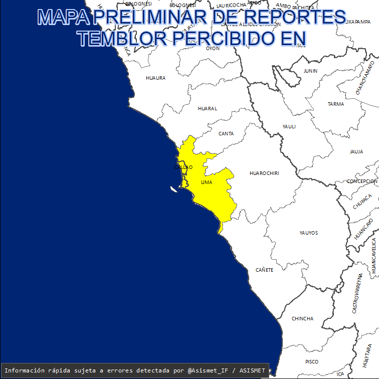 Asismet_IF's tweet photo. EVENTO 2022-005
⚠️Alerta de #sismo en #Lima #Perú🇵🇪 (20:56 11/01/2022)
📢¡Agáchese, cúbrase y sujétese!🚷
Intensidad máx. del #temblor: débil-leve (II-III)🟣
Magnitud: 3.9±0.2
¿Lo sintió? Repórtelo aquí: https://t.co/C4MSyio6a3
#asismet https://t.co/VnTqA8cJEz