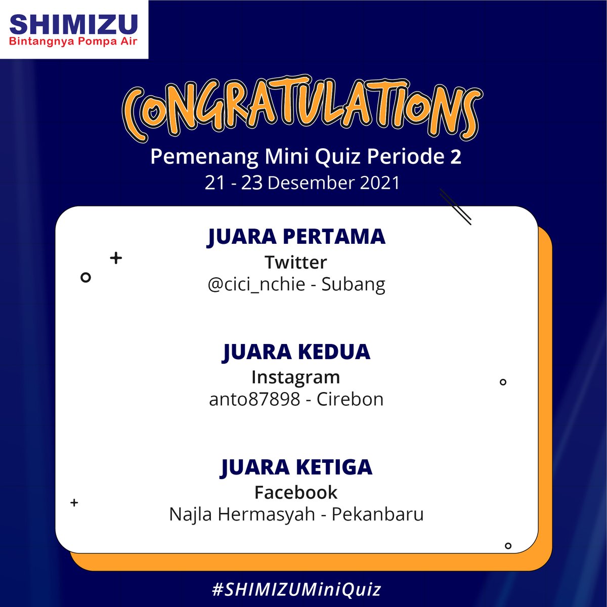 Hallo Sahabat SHIMIZU Yuk kita bermain miniquiz lagi yaa !

Untuk Sahabat SHIMIZU kamu hanya perlu menebak ada berapa perbedaan pada gambar pompa di atas.

Yuuk tulis jawaban kamu di kolom komentar dan ikuti syarat &amp; ketentuan dibawah ini!