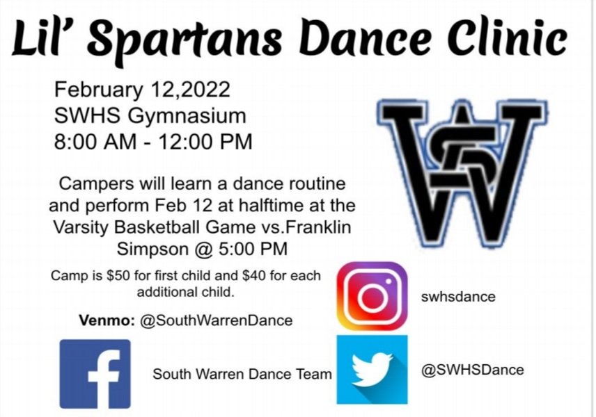 SWHSDance's tweet image. Can't wait to see all of the mini Spartans on Feb 12th. #SWHSDANCE #workdanceplay @WarrenCoSchools @tonyroseshow @SWSpartanAthl @SWMS_Athletics @SWHSGirlsbball @SouthWarrenBBK docs.google.com/forms/d/1QhsTL…