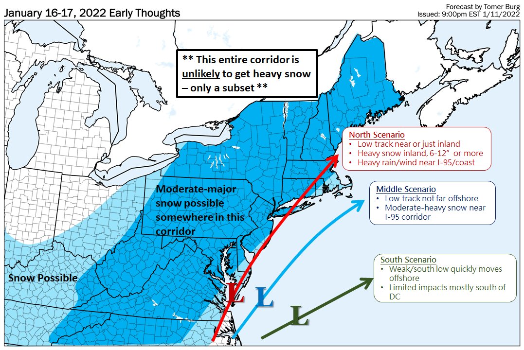 burgwx's tweet photo. [Tuesday, 1/11/2022 Update]

This thread will serve as an initial analysis of the upcoming Sunday-Monday storm &amp; major snowstorm potential.

These only represent my thoughts and are not an official forecast; please refer to the NWS for the latest official forecast for your area. https://t.co/5IJxZTAQTT