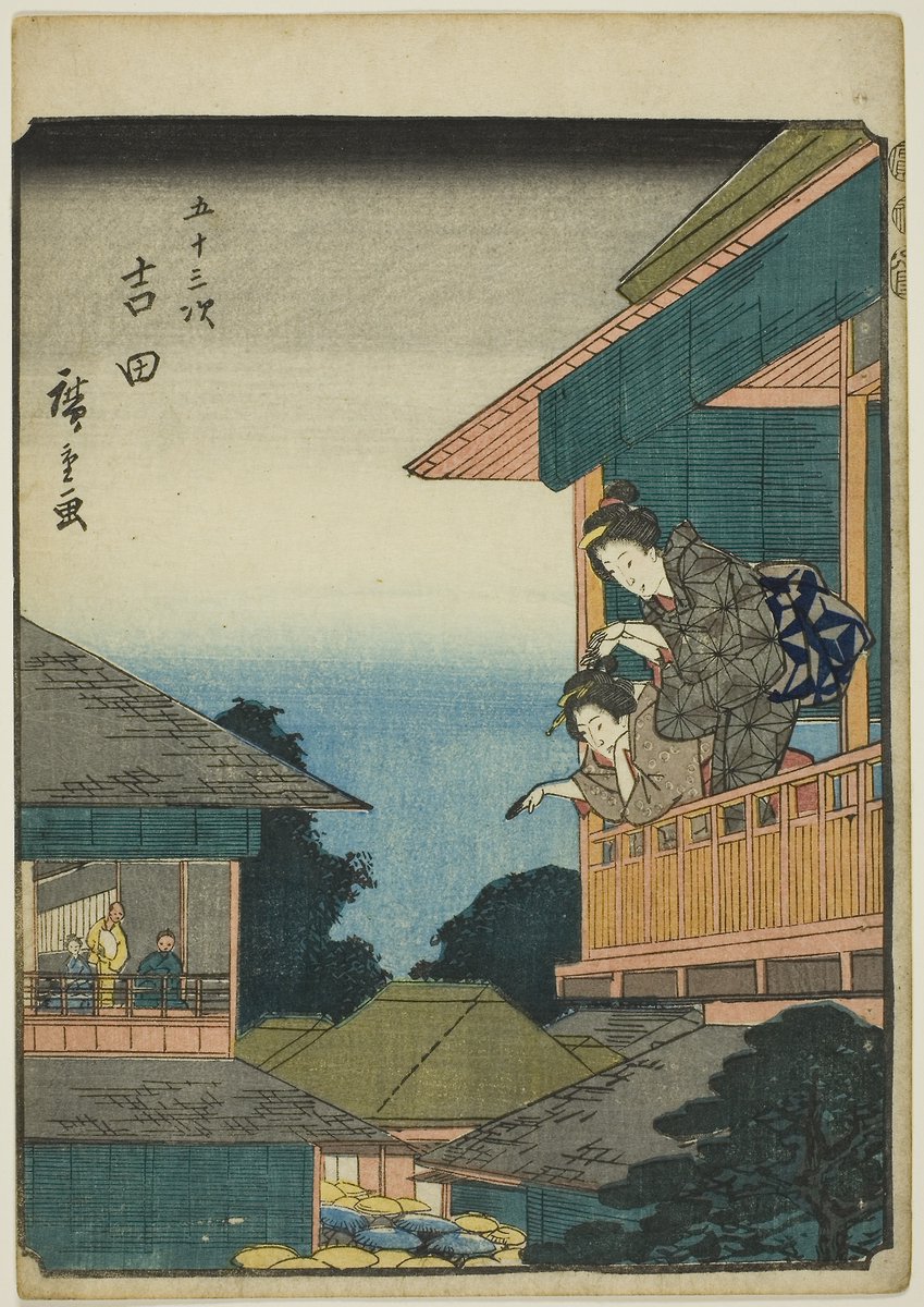 aic_asianart's tweet photo. Utagawa Hiroshige, Yoshida, from the series "Fifty-three Stations [of the Tokaido] (Gojusan tsugi)," also known as the Figure Tokaido (Jinbutsu Tokaido), 1852 https://t.co/s33Td5M7f7 #utagawahiroshige #museumarchive https://t.co/rGdegzklX6