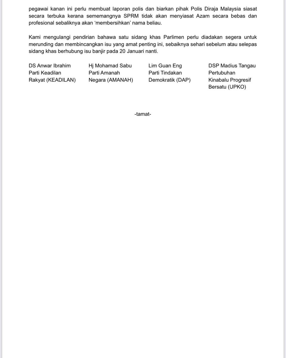 Kenyataan Media
Majlis Presiden Pakatan Harapan
12 Januari 2022

Azam Baki, Abu Zahar Dan Borhan Dolah Mesti Direhatkan, Siasatan Perlu Bebas, Pegawai Kanan SPRM Wajib Berkecuali