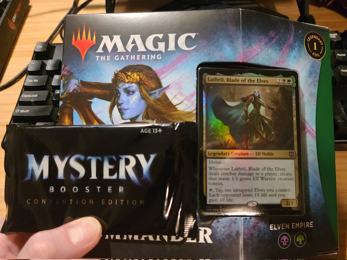F it - had these kicking in my closet so let's do a giveaway! Elven Empire Commander precon and a Mystery Convention booster. Follow me, like, retweet, and @ a magic player in the comments who could use some more cardboard. NA only, winner picked on Saturday!