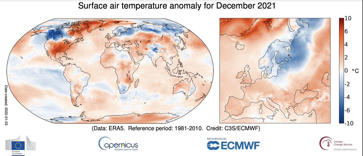 Global map and European map showing 2-m air temperature anomalies in December 2021. While most areas are warmer than average, there are some substantial cold pockets in parts of the Northern Hemisphere.