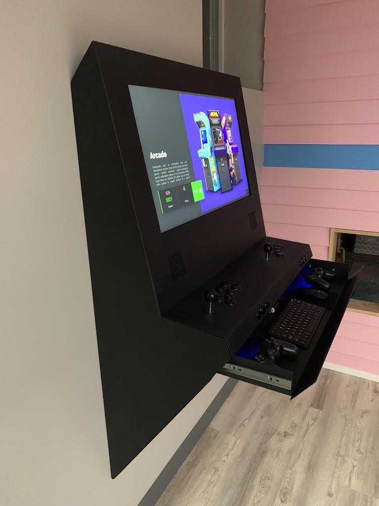 PaulRenzi's tweet photo. The black version of my arcade cabinet came out really well, and it's looking great in its new home in PA! :) #arcade #arcadegames #arcadecabinet #arcademachine #gaming #retro #fgc #videogames #retrogaming https://t.co/o71AKOIP2v