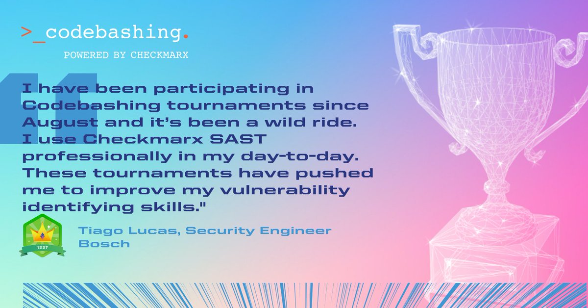 Checkmarx's tweet image. Join reigning #Codebashing champion @tiagoslucas this Thursday, compete for cash, and improve your #vulnerability identifying skills in our live tournament!
🤑 $500, $250, $125 prizes
⏰1/13/21, at 9 am EST
Sign up 👉 bit.ly/3HURueV