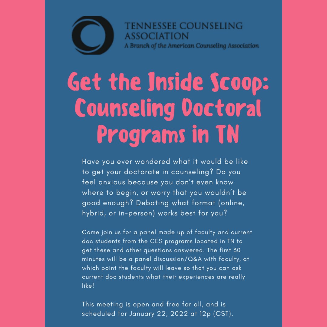 1/22/22 at 12 pm CST/ 1pm EST - Free 
Want to pursue a PhD program, but don't know what the next steps are?  Join us for an open meeting to hear all the details!  
Zoom linke here: tcacounselors.org/tca-blog