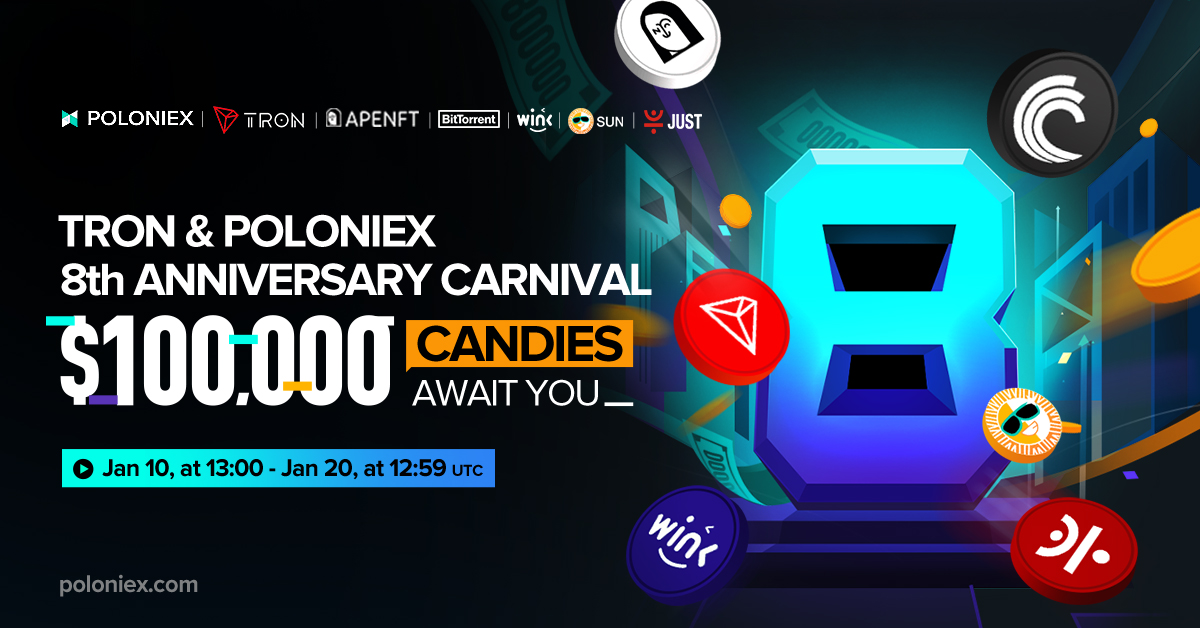 Poloniex's tweet photo. Share with your friends the fantastic giveaway campaign “$100,000 Giveaway for TRON &amp; Poloniex 8th Anniversary Carnival” 🎉
Details: https://t.co/rT5gLfRC4s

Complete the gleam tasks and claim extra giveaways 🤩
https://t.co/Gi6tqWKW7q https://t.co/uL2hkUaUTi