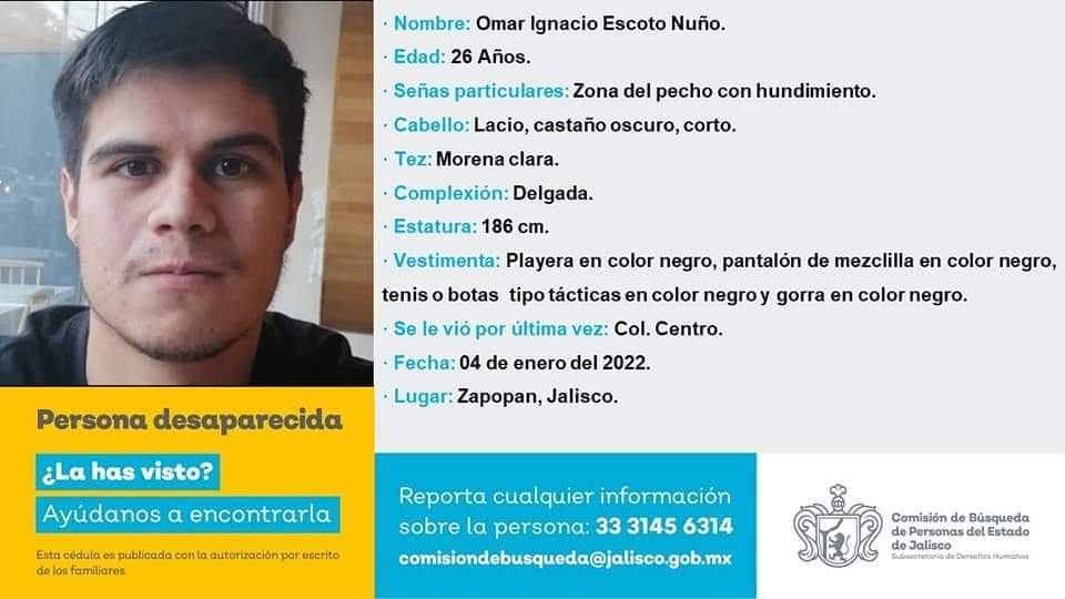 Tancasillas's tweet photo. Omar Ignacio Escoto Nuño, estudiante de finanzas, de 26 años, está desaparecido desde el 4 de enero. La última vez que se le vio fue en Zapopan Centro. 
#Desaparecido #NosFaltaNacho https://t.co/GD6XQXdKGg