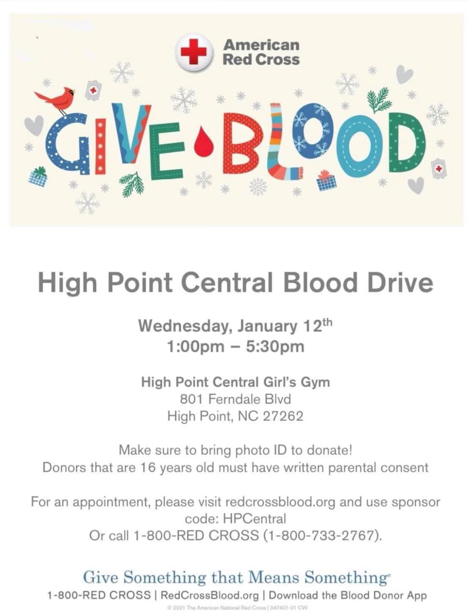 High Point Central is hosting a blood drive!!! Please consider donating as there is a National blood shortage and the need is dire!! Sign-up below and support the American Red Cross! 

redcrossblood.org/give.html/driv…