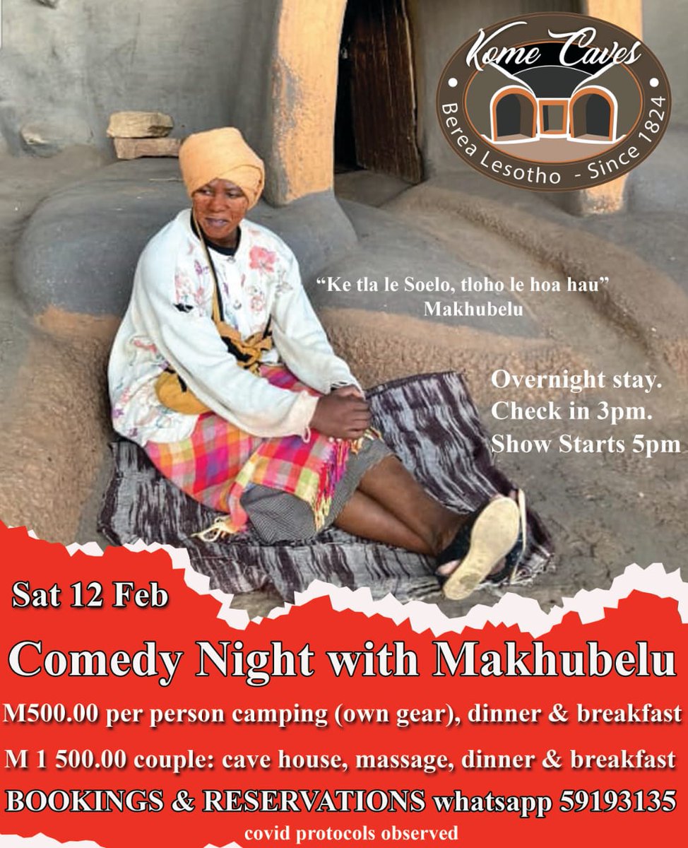 caves_kome's tweet photo. One Night Stand Up Comedy with Makhubelu at Kome Caves. Saturday 12 February 2022

#VisitLesotho https://t.co/Giv5tLgDM6
