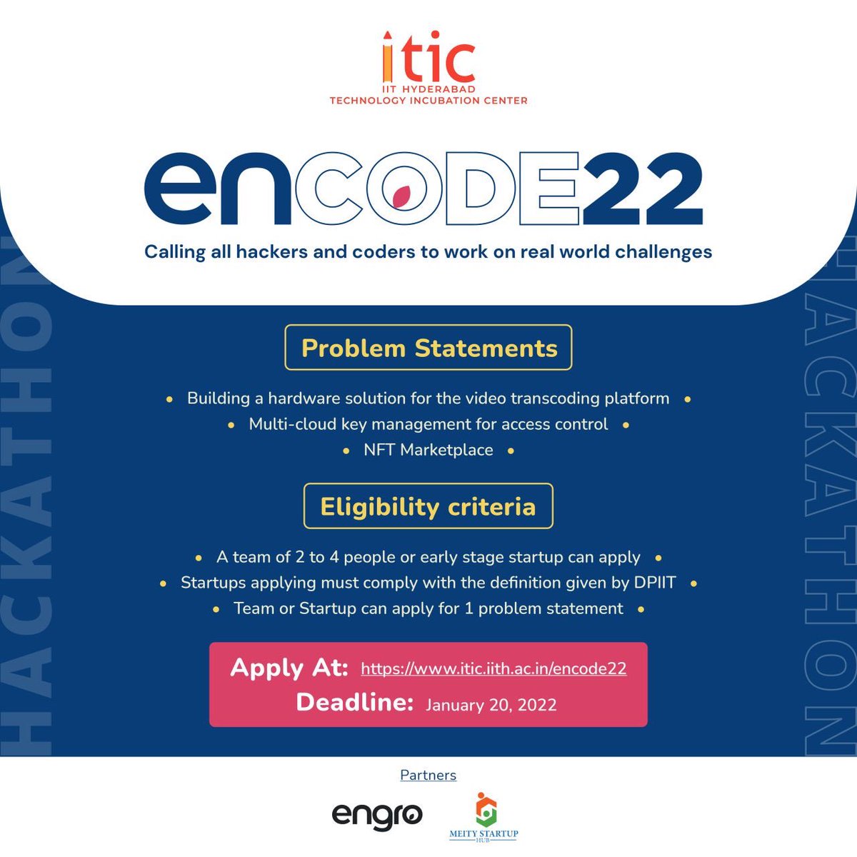 iTICIncubator's tweet photo. ENCODE22 HACKATHON 2022!

This is the time for all the coding champs who are enthusiastic on coding to showcase your Talent.

@IITHyderabad https://t.co/3Z2dkKkl0q