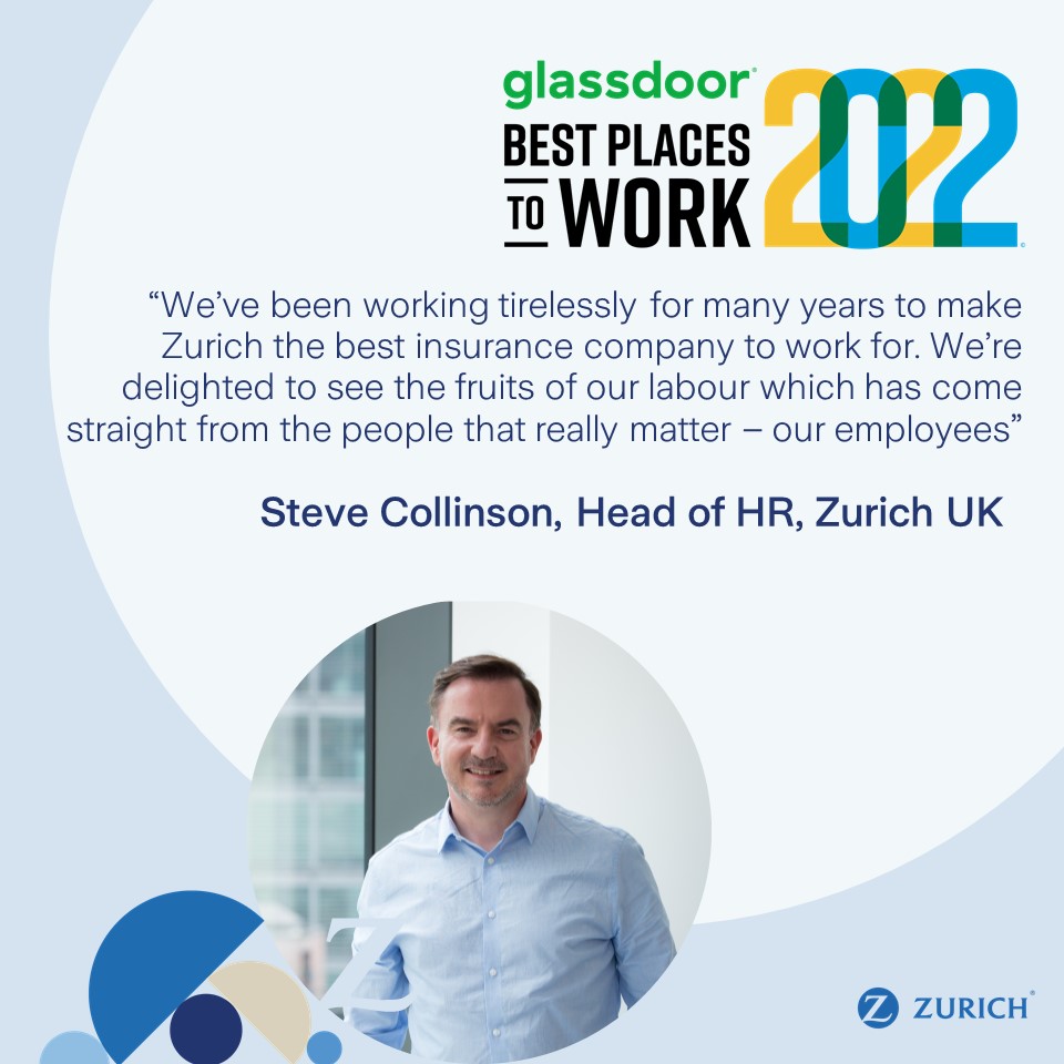 ZurichInsUK's tweet photo. Zurich is ranked the best insurance company to work for in the UK, ranked 16th in Glassdoor's 2022 Employee Choice Awards, which is based entirely on employee feedback. https://t.co/tKhMwVisic