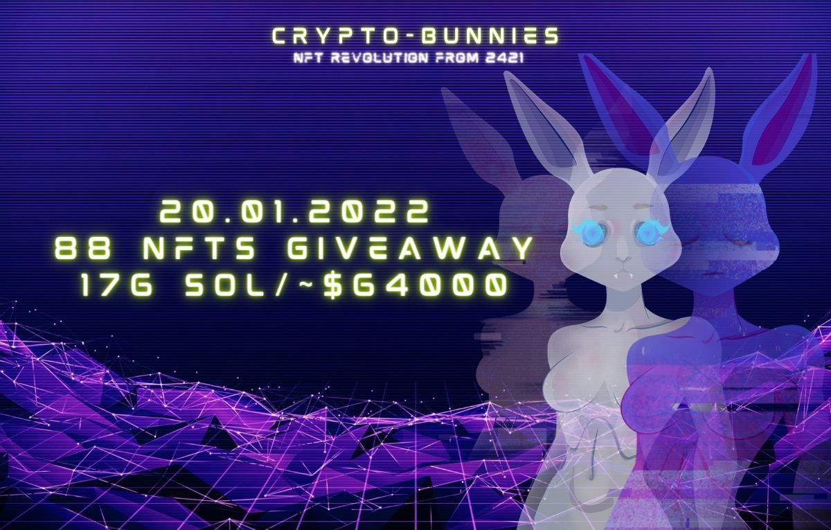 Aditya (@adityaxnft) on Twitter photo 🎁🎁 #NFTGiveaway 🎁🎁
88 x CRYPTO BUNNIES⚡
WORTH $64.000 💰
🎁 88 lucky winners will get #NFT 🐰
To Enter:
1️⃣Follow
<a href="/LaunchNFTs/">LaunchNFTs</a>
<a href="/CRYPTO__BUNNIES/">CRYPTO BUNNIES</a> & me
2️⃣ Retweet & Like
3️⃣ Tag 3 friends
⏳ Ends 20.01.2022 💯
#nftart #NFTCommunity #Solana #SolanaNFTs 🎁🎁 #NFTGiveaway 🎁🎁
88 x CRYPTO BUNNIES⚡
WORTH $64.000 💰
🎁 88 lucky winners will get #NFT 🐰
To Enter:
1️⃣Follow
<a href="/LaunchNFTs/">LaunchNFTs</a>
<a href="/CRYPTO__BUNNIES/">CRYPTO BUNNIES</a> & me
2️⃣ Retweet & Like
3️⃣ Tag 3 friends
⏳ Ends 20.01.2022 💯
#nftart #NFTCommunity #Solana #SolanaNFTs