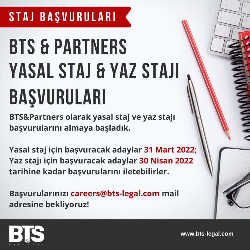 <a href="/BTSPARTNERS/">BTS & Partners</a> olarak Yasal Staj ve Yaz Stajı başvurularını almaya başladık. Başvurularınızı careers@bts-legal.com adresine iletebilirsiniz. #legal #hiring #legalinternship