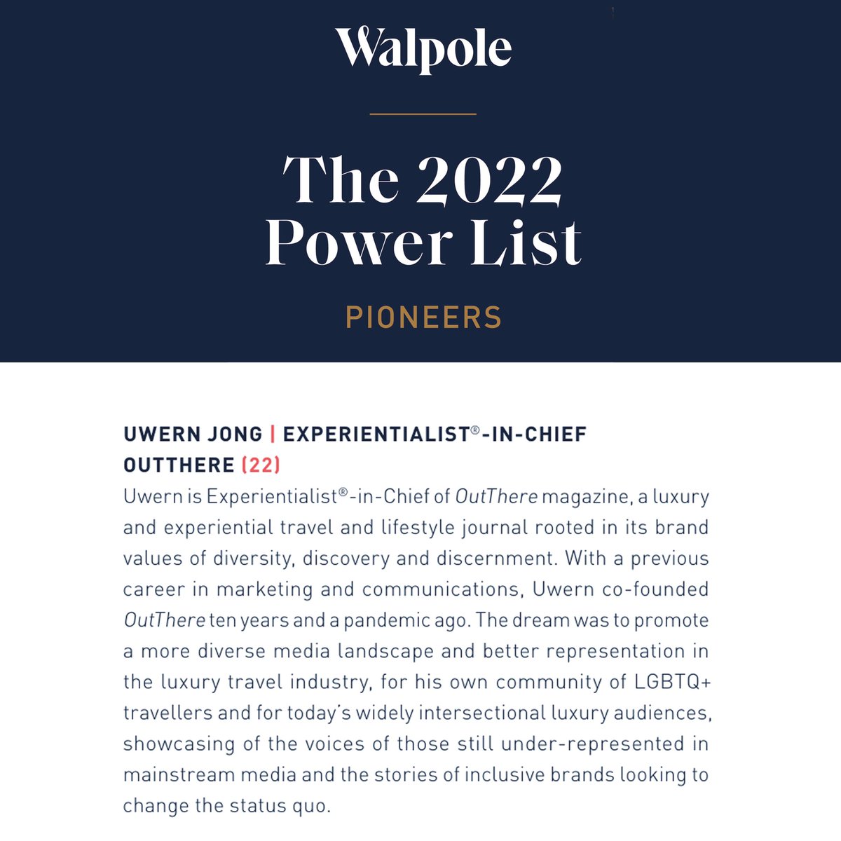 uwern's tweet photo. Honoured to be named one of @Walpole_UK’s “50 most influential people in #BritishLuxury”, in recognition of @OutThereMag’s ‘pioneering’ efforts to create a more inclusive luxury travel industry. Little ol’ me. Who’ve thunk it!? #WalpolePowerList
https://t.co/vteEd7SGzt https://t.co/1WwZLdtg0u