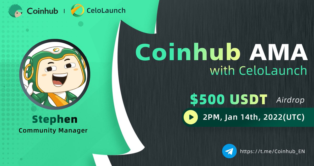 Coinhub_Wallet's tweet photo. Coinhub #AMA series with @CeloLaunch 

💰$500 USDT
✅Follow @Coinhub_Wallet and @CeloLaunch
✅Join https://t.co/6Ky6slpPIX and https://t.co/SXnlemZVYl
✅Rt+Like+Tag 3ppl ​
✅Fill out https://t.co/eiB4e7C8lE

👇5 questions from twitter comments, 5 from live AMA, $20 USDT/each. https://t.co/HL6V9tNuLd