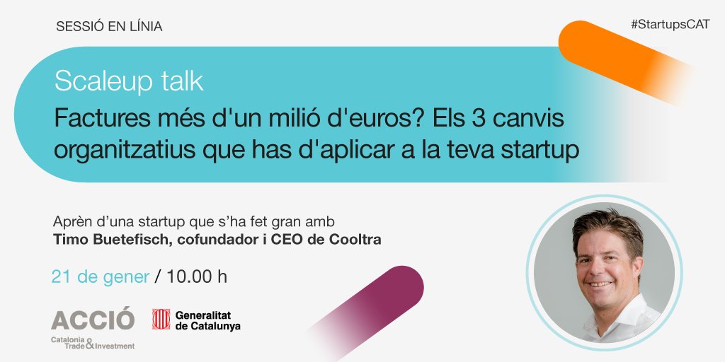 accio_cat's tweet photo. A mesura que una #startup creix cal fer importants canvis interns 🚀

En el proper Scaleup Talk, @buetefisch, cofundador i CEO de @cooltradonarà a conèixer els 3⃣ canvis principals ⬇️ 

📅 21/01
🕒 10.00h

Més info: https://t.co/XawQcDjMuT

#StartupCAT @Startups_Cat https://t.co/erJj3Ytulp