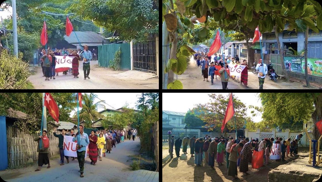 seriouslyaoony's tweet photo. Unrelenting people from Shwebo, Sagaing region, took a stride in marching as a strike to overthrow military dictatorship today, flying the flags high.   #CrimesAgainstHumanity #2022Jan12Coup #WhatsHappeningInMyanmar https://t.co/mN2EX40JRj