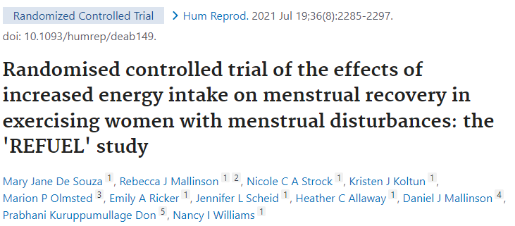 "a modest increase in daily energy intake (330 ± 65 kcal/day; 18 ± 4%) is sufficient to induce menstrual recovery in exercising women with Oligo/Amen." 
pubmed.ncbi.nlm.nih.gov/34164675/