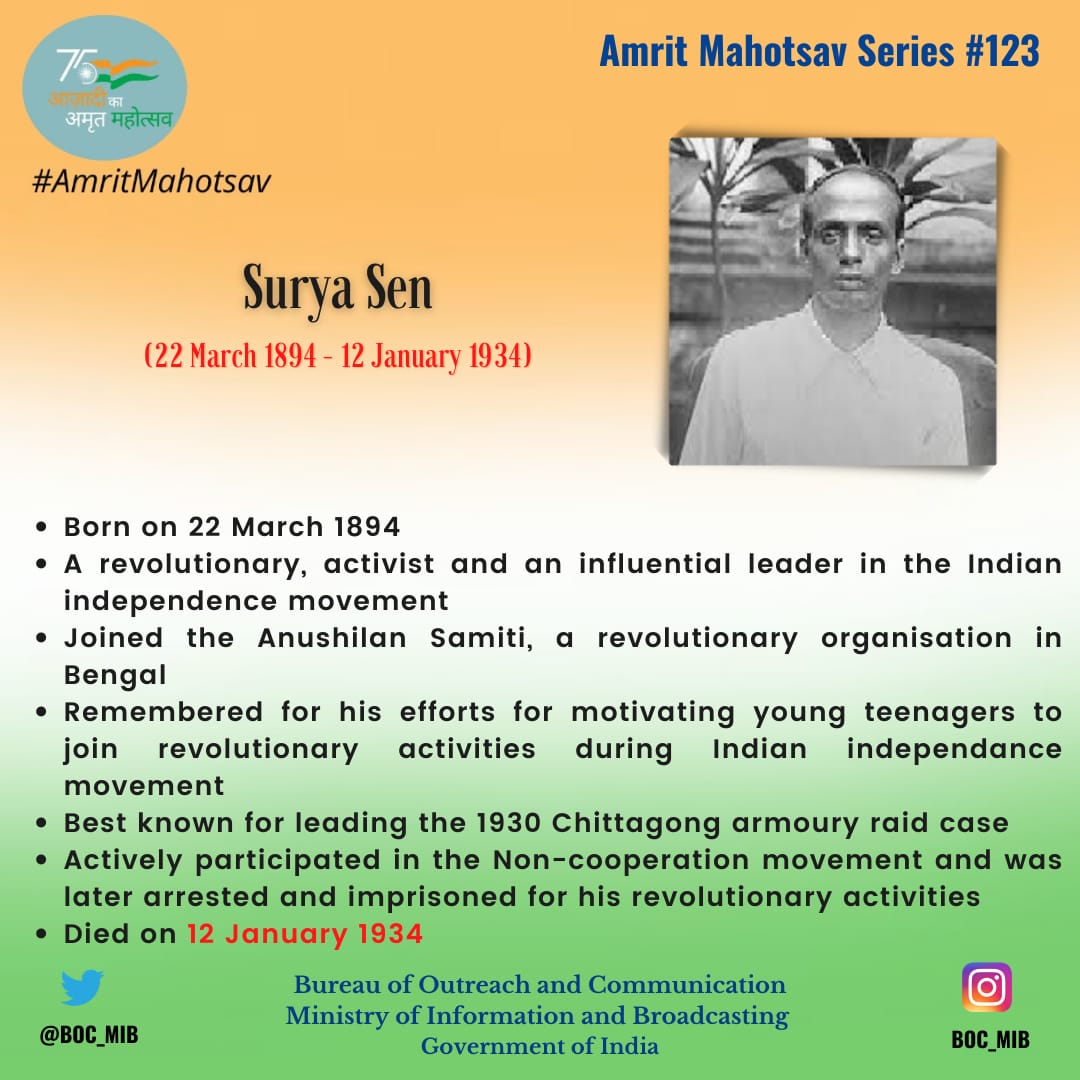 Remembering Surya Sen, a revolutionary, activist, and influential leader in the Indian Independence movement. He's remembered for his efforts for motivating young teenagers to join revolutionary activities during the Indian Independence movement.