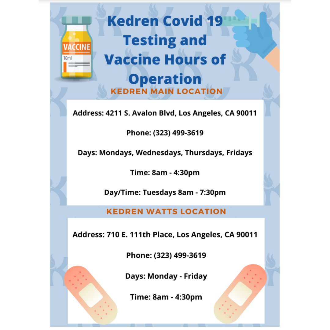 Please, get vaccinated and speak with family and friends about doing the same. North of 90% of hospitalizations for Covid are people who aren’t vaccinated. 

Here's also an ongoing testing and vaccine site from <a href="/Kedren_Health/">KedrenHealth</a>, a trusted South LA health provider.
