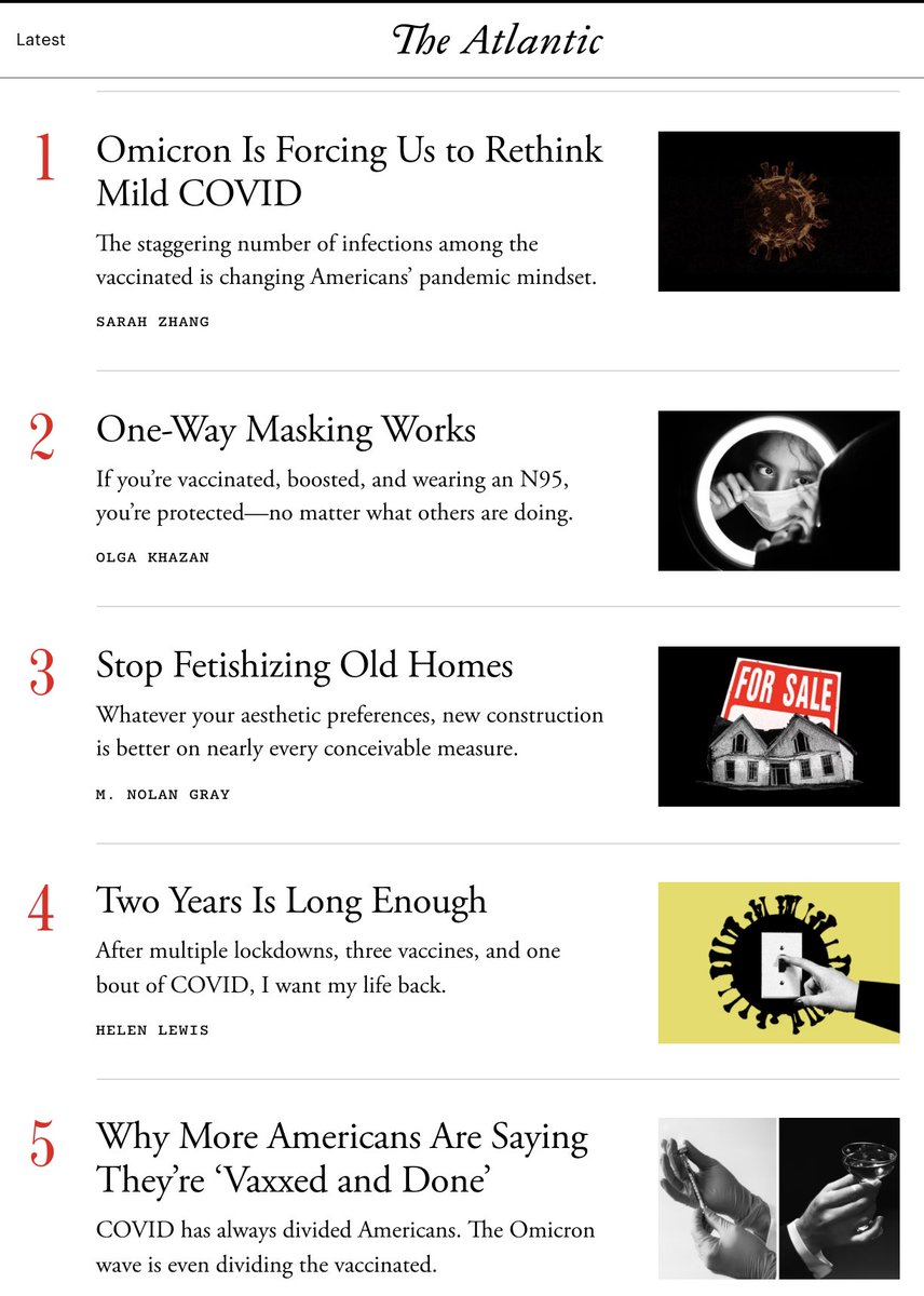 Bob_Wachter's tweet image. If the Table of Contents of @TheAtlantic is any judge, it's clear that Omicron is ushering in a new "I'm over it" stage, even among people who have been careful for two years. I'm holding tight until the current surge ends, and then may well join them.