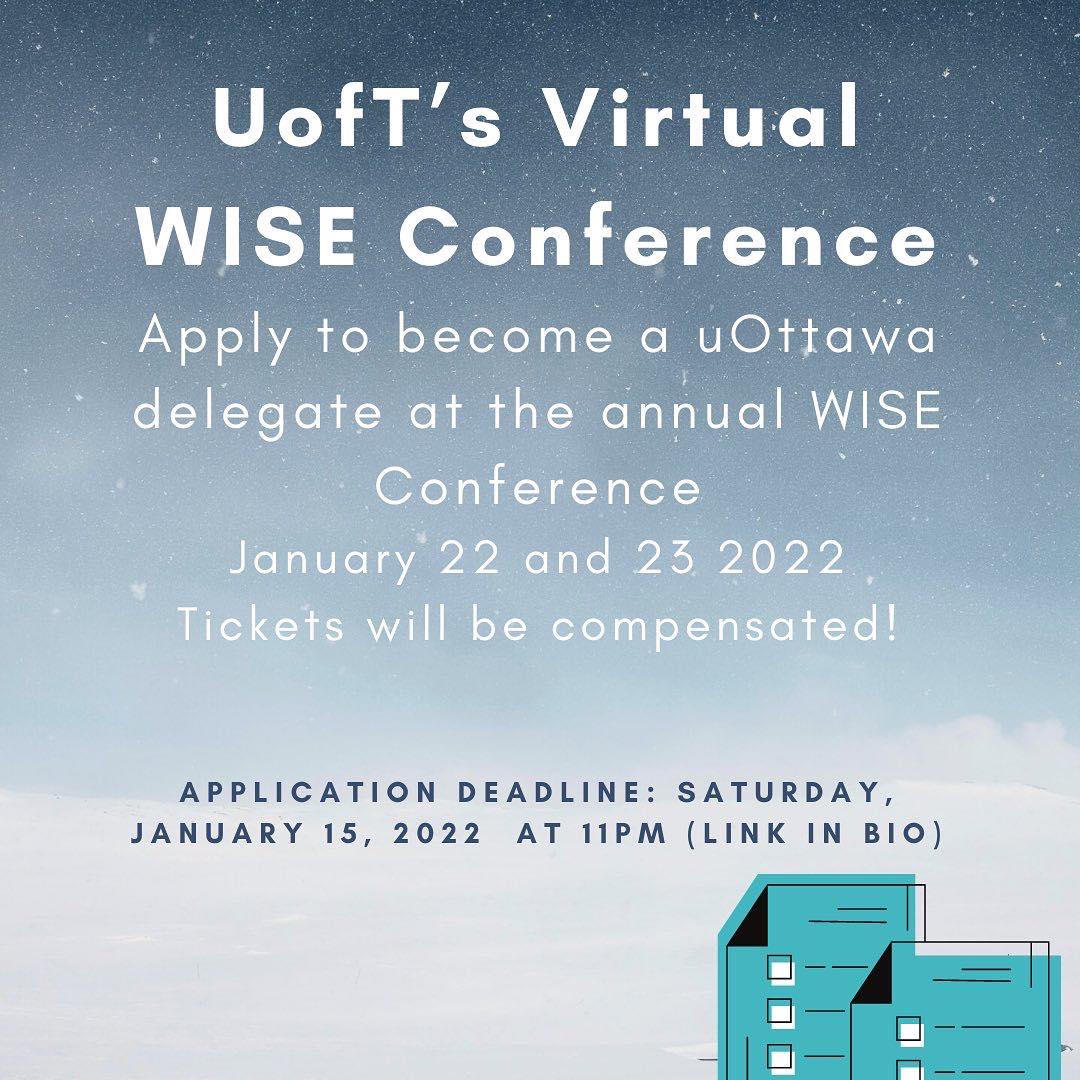 uOttawaWISE's tweet photo. Happy new year everyone! 🎉 We would like to welcome you back by opening up delegate applications to the annual WISE national conference! Apply NOW at the following link: https://t.co/vnsTtGm1ci. The deadline to apply is Saturday, Jan 15 @ 11PM. 🚨🚨 https://t.co/2gborQQc0x