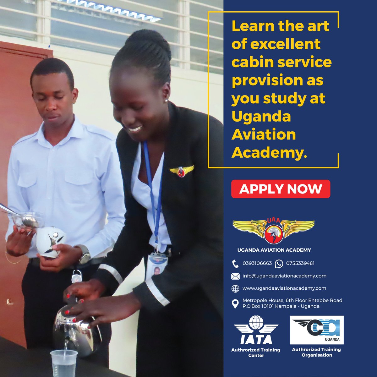 ugaviationsch's tweet photo. Learn the art of excellent cabin service provision as
you study at Uganda Aviation Academy.
CALL 0393106662/3 TO REGISTER NOW! Or Whatsapp us on +256 755339481
#ugandaaviationacademy #cabinservice #applynow #airlinecrew
@Mukulaa https://t.co/alUc1JK6xZ