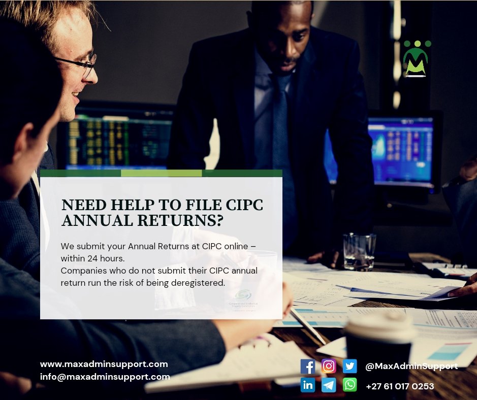 MaxAdminSupport's tweet photo. Is your CIPC annual returns up to date?
Companies & Close Corporations need to file #CIPCAnnualReturns whether they are trading or not. Failure to file leads to Deregistration.
Contact us today on +27610170253 for a FREE no obligation check!
#CIPC #MaxAdminSupport #Admin https://t.co/qVPF6j6UPY