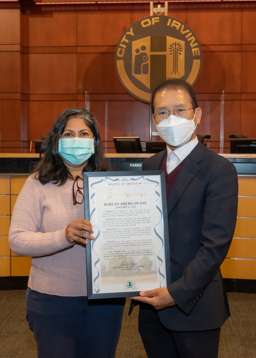Thank you, Mayor, Farrah N. Khan @mayorofirvine  for celebrating  Korean American Day!  Korean American Day on January 13th commemorates the arrival of the first Korean immigrants to the United States in 1903.   #CityofIrvine #KACCOC #OrangeCounty #오렌지카운티한인상공회의소