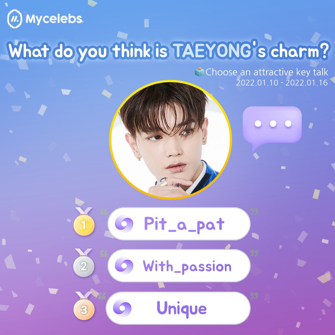mycelebsstar's tweet photo. 👑#Mycelebs is most frequently used by advertisers and casting directors👑
🔽 TAEYONG’s key talk! @NCTsmtown
1. #Pit_a_pat
2. #With_passion
3. #Unique
Vote for Key Talk 📥
and raise #Gaon Social Index🔥 🔽
https://t.co/uuR8uoO5a4
#태용 #TAEYONG #テヨン #แทยง #NCT #NCT127 https://t.co/OwudUYqqKE