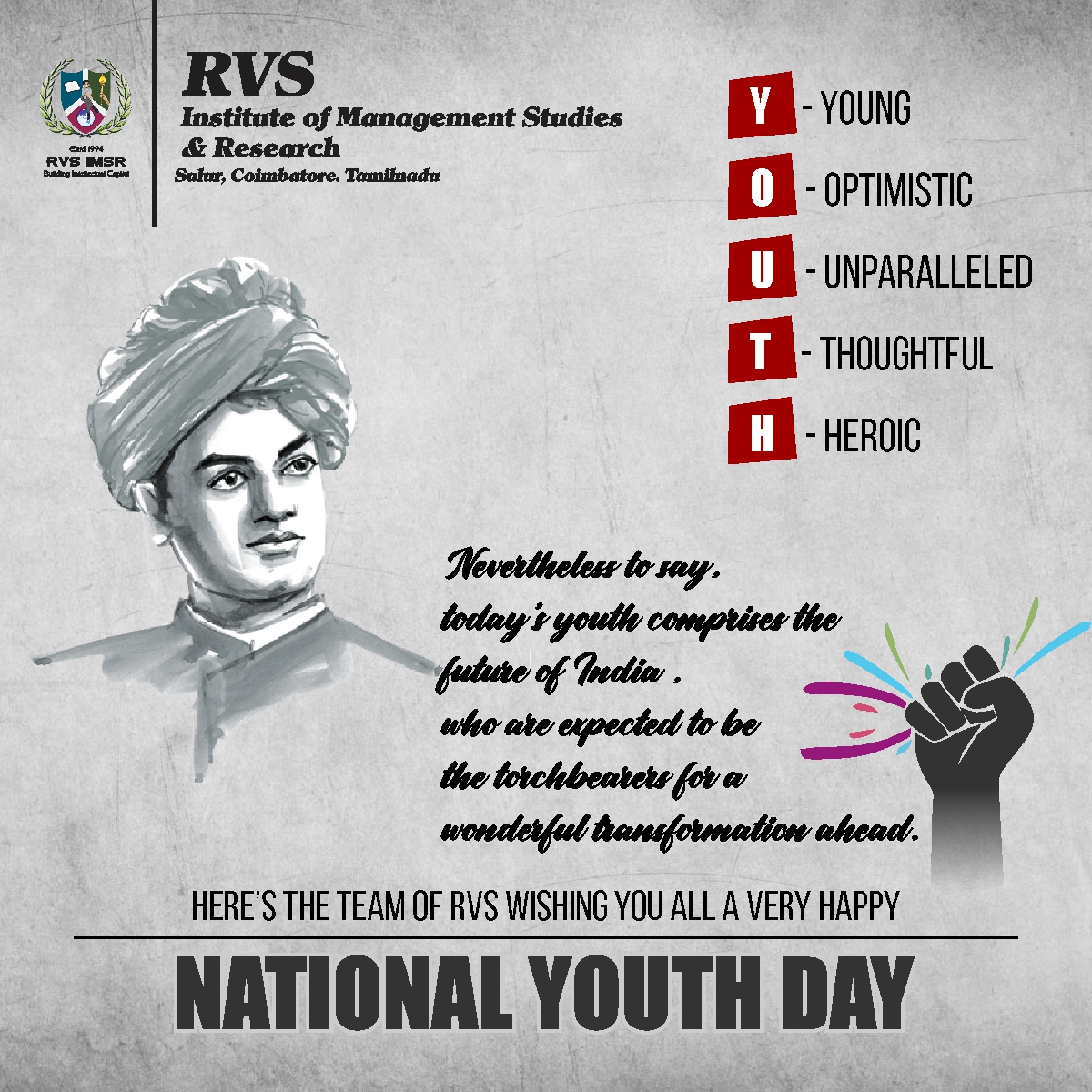 rvssulurmba's tweet photo. Here’s the team of RVS IMSR Wishing you all a very Happy National Youth Day!
#NationalYouthDay #RVSIMSR #techmba #MBA #coimbatore #technomanagers #YouthDay https://t.co/AaQluWTe3L