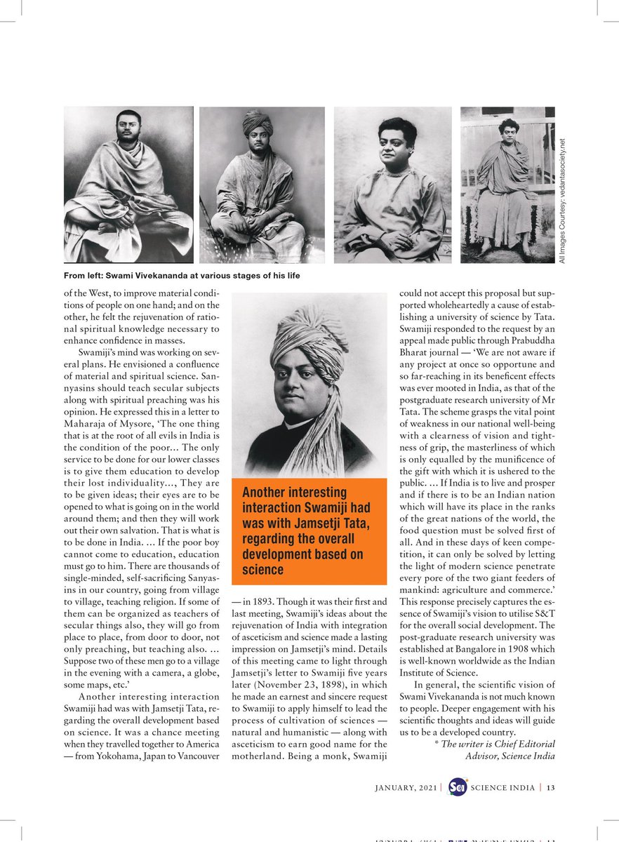 Remembering great scientific visionary, #SwamiVivekananda on his birth anniversary as we celebrate #NationalYouthDay to honour him.
Do read about the 'The Man Who Saw Future' written by Sh <a href="/jayantss66/">Jayant Sahasrabudhe</a> published in Science India's January 2021 Edition.
<a href="/IndiaDST/">DSTIndia</a> <a href="/Vibha_India/">Vijnana Bharati</a>