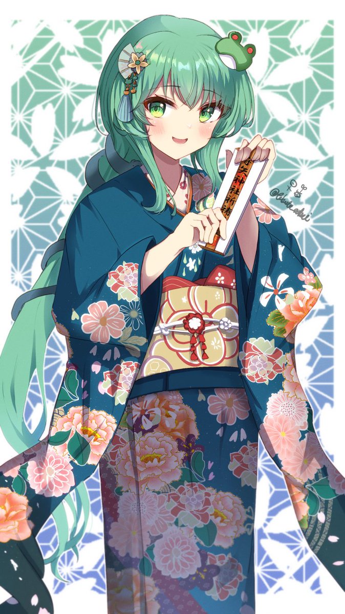 kochiya sanae 1girl solo hair ornament green hair green eyes japanese clothes frog hair ornament  illustration images