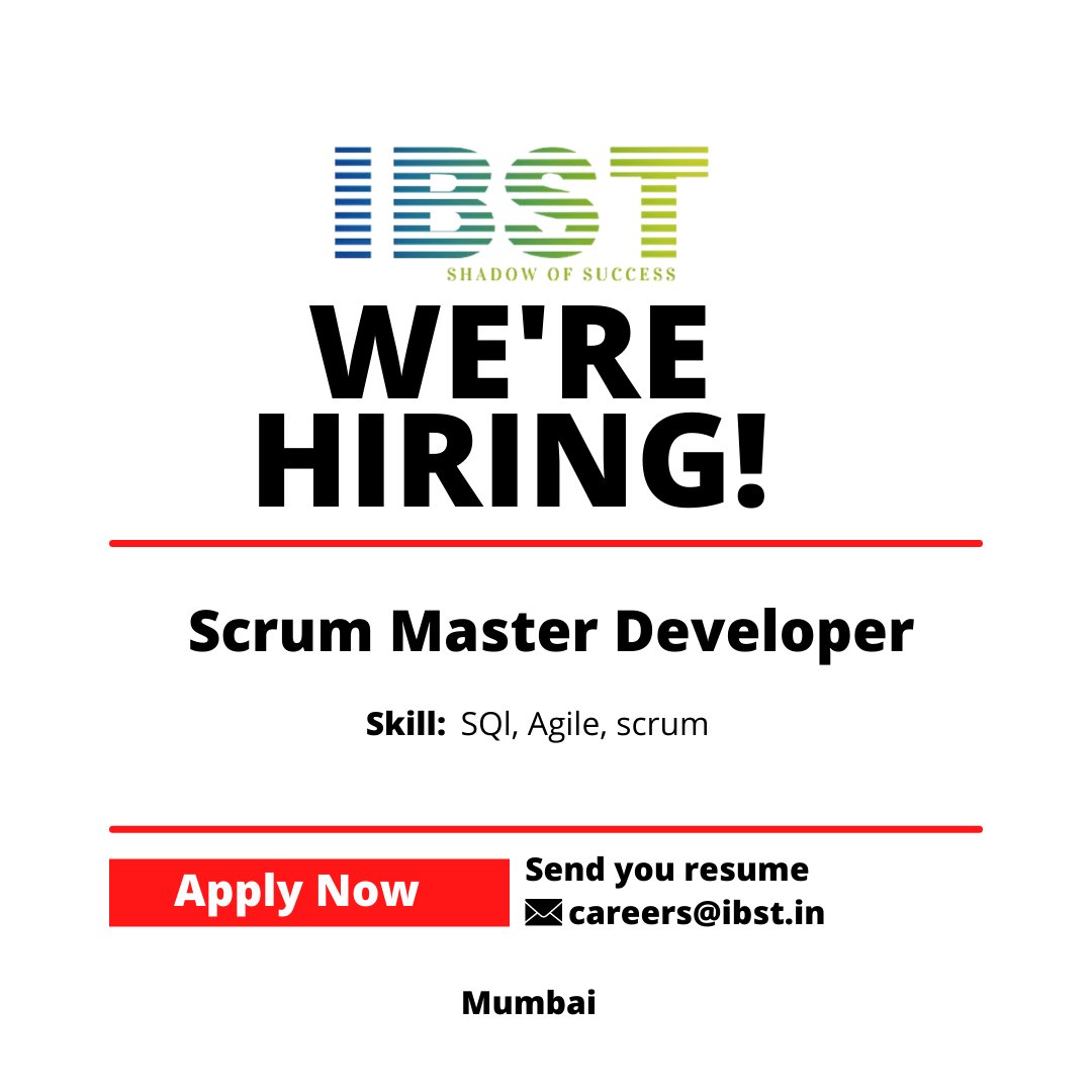 Job: Scrum Master Developer
NP: Immediate
Exp: 8 years
Drop your CV careers@ibst.in
#ibst #mumbaijob #experience #leadership #communication #jobupdates #latestjobs #updatejobs #applynow #hiring