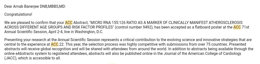 miluban007's tweet photo. Happy to announce that the 5th paper of our series on miRNAs has been accepted at ACC.22, Washington DC; along with the 3rd one being an invitational research article in ACC.22  for being awarded one of the Abstract Winners in ACC Middle East 2021!  Cheers!!! #ACC #Cardiology https://t.co/aGEBtAFRpg